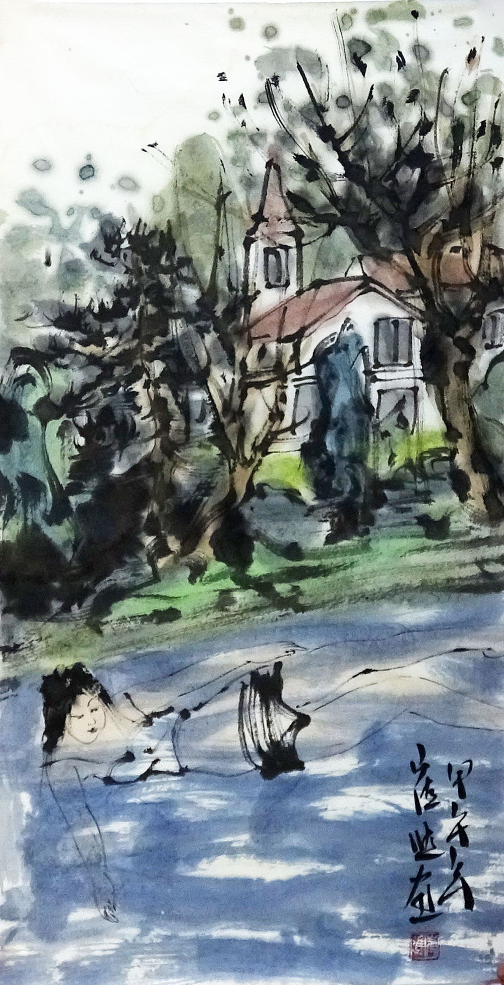 崔进 山水人物 70x34.5